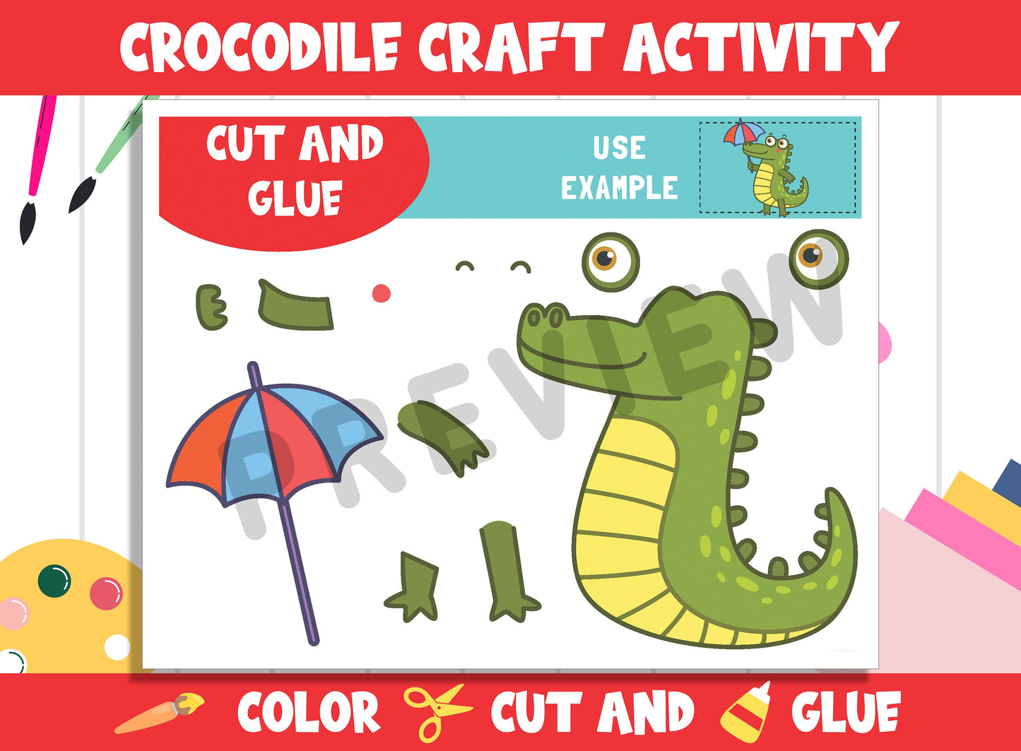 Cute Crocodile Craft Activity - Color, Cut, and Glue for PreK to 2nd Grade, PDF File, Instant Download