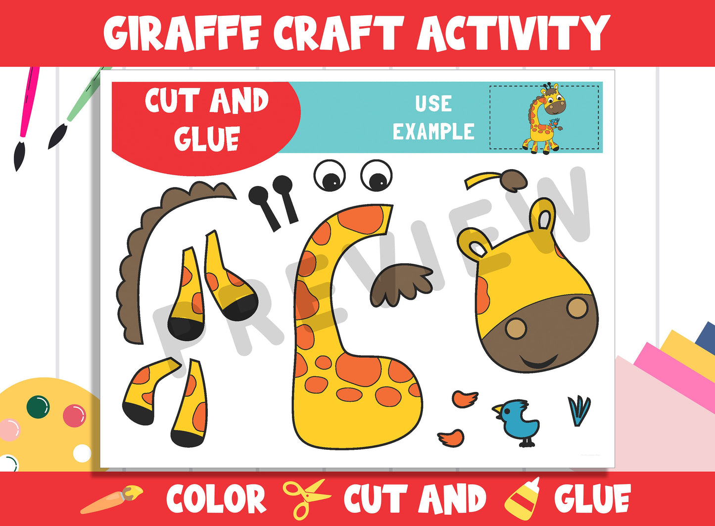 Cute Giraffe Craft Activity - Color, Cut, and Glue for PreK to 2nd Grade, PDF File, Instant Download