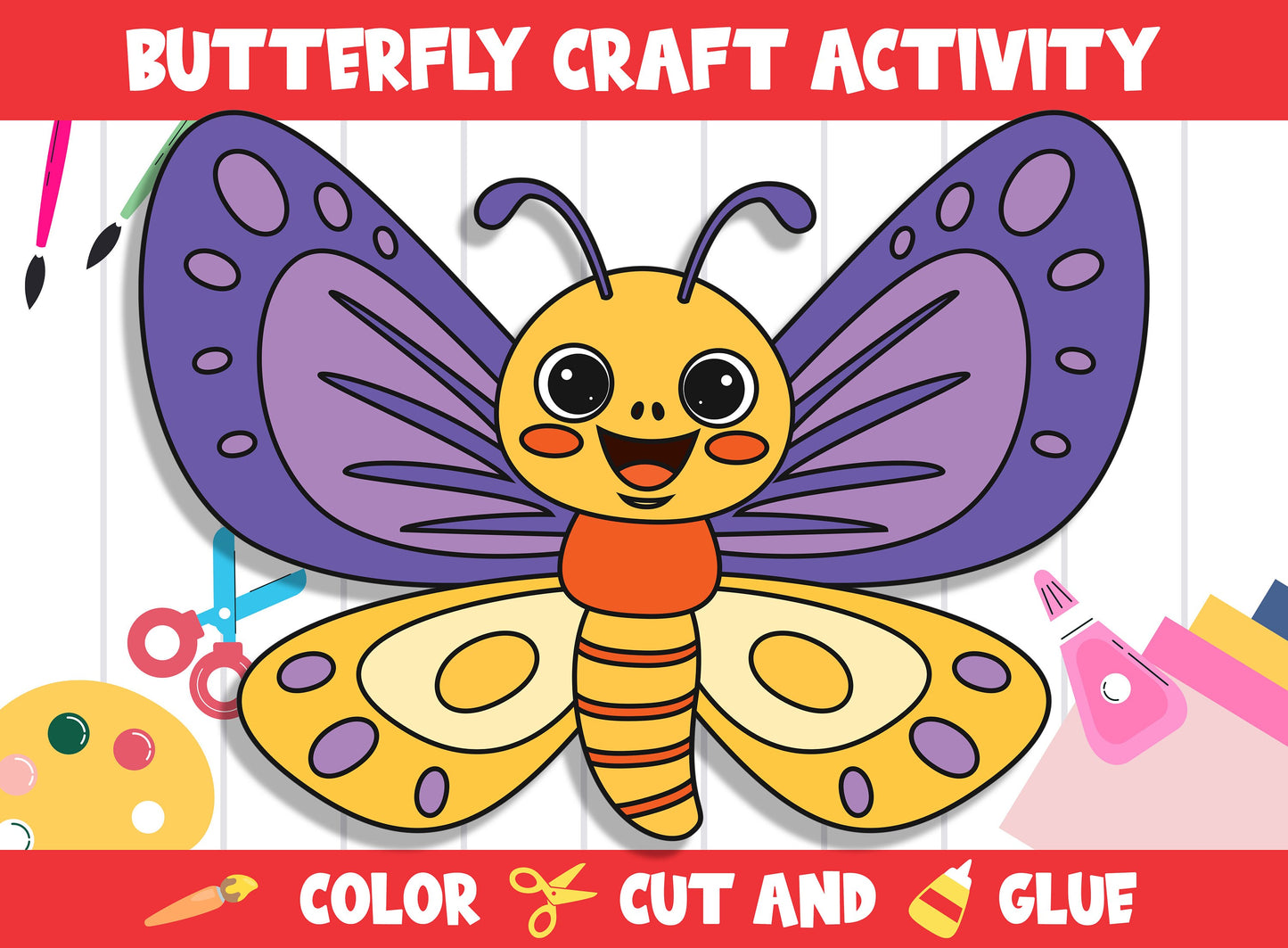 Cute Butterfly Craft Activity - Color, Cut, and Glue for PreK to 2nd Grade, PDF File, Instant Download