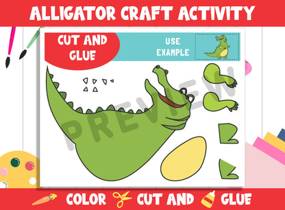 Cute Alligator Craft Activity - Color, Cut, and Glue for PreK to 2nd Grade, PDF File, Instant Download