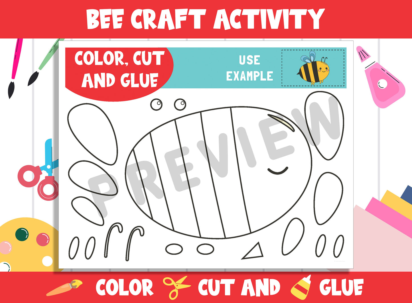 Cute Bee Craft Activity - Color, Cut, and Glue for PreK to 2nd Grade, PDF File, Instant Download