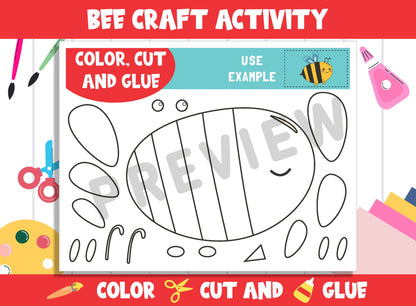 Cute Bee Craft Activity - Color, Cut, and Glue for PreK to 2nd Grade, PDF File, Instant Download