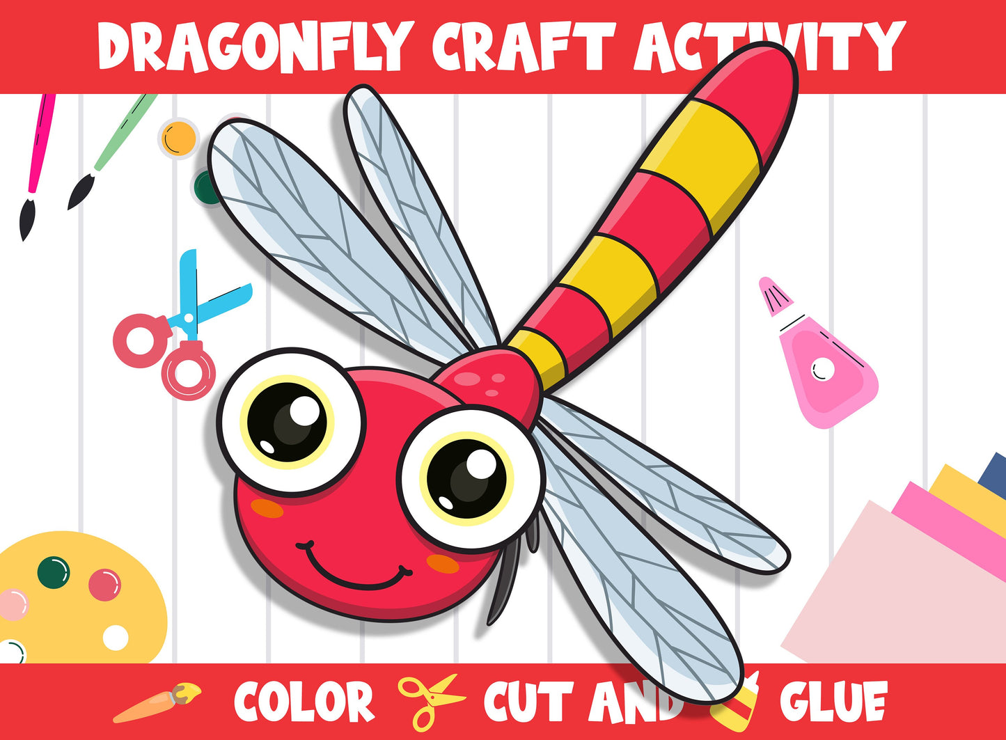 Cute Dragonfly Craft Activity - Color, Cut, and Glue for PreK to 2nd Grade, PDF File, Instant Download