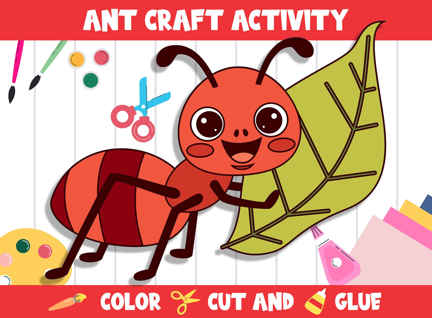 Cute Ant Craft Activity - Color, Cut, and Glue for PreK to 2nd Grade, PDF File, Instant Download