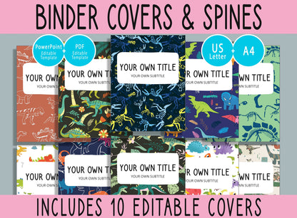 10 Editable Cute Dinosaur Binder Covers, Includes 1", 1.5", 2" Spines, Available in A4 & US Letter, Editing with PowerPoint or PDF Reader