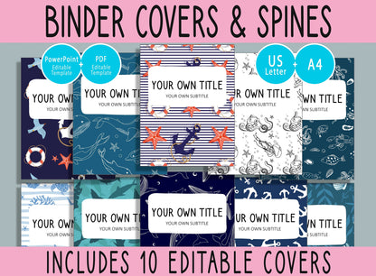 10 Editable Marine Binder Covers, Includes 1", 1.5", 2" Spines, Available in A4 & US Letter, Editing with PowerPoint or PDF Reader