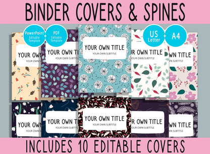 10 Editable Floral Binder Covers, Includes 1", 1.5", 2" Spines, Available in A4 & US Letter, Editing with PowerPoint or PDF Reader