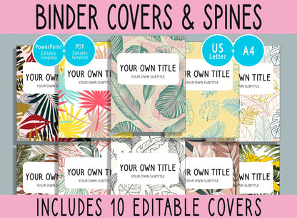 10 Editable Tropical Leaves Binder Covers, Includes 1", 1.5", 2" Spines, Available in A4 & US Letter, Editing with PowerPoint or PDF Reader