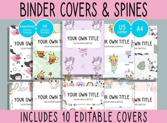 10 Editable Girls Binder Covers, Includes 1", 1.5", 2" Spines, Available in A4 & US Letter, Editing with PowerPoint or PDF Reader