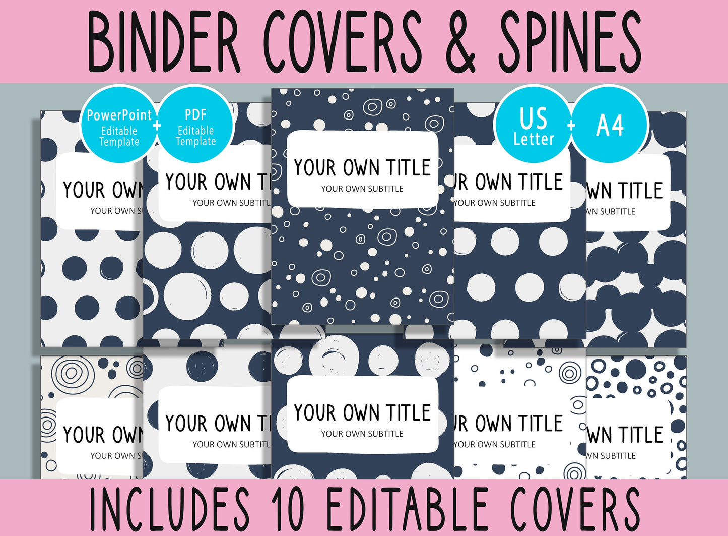 10 Editable Circles and Dots Binder Covers, Includes 1", 1.5", 2" Spines, Available in A4 & US Letter, Editing with PowerPoint or PDF Reader