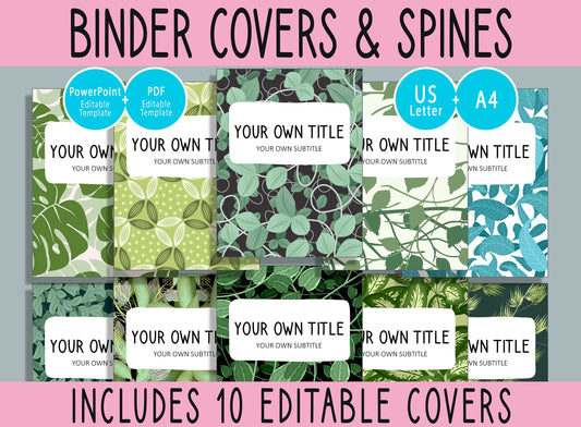10 Editable Green Leaves Binder Covers, Includes 1", 1.5", 2" Spines, Available in A4 & US Letter, Editing with PowerPoint or PDF Reader