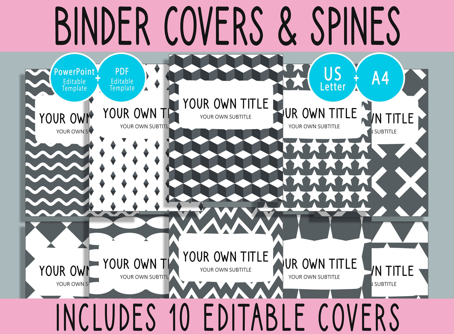 10 Editable Black & White Geometric Binder Covers, Includes 1, 1.5, 2" Spines, Available in A4/US Letter, Editing with PowerPoint/PDF Reader