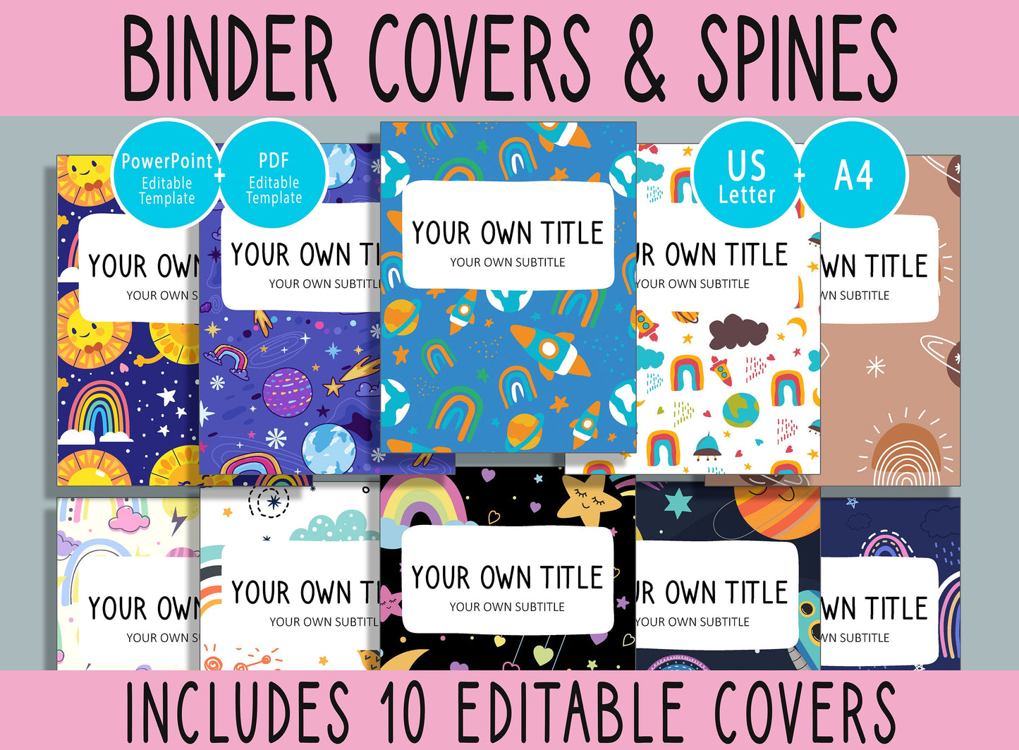 10 Editable Rainbow and Space Binder Covers, Includes 1, 1.5, 2" Spines, Available in A4 & US Letter, Editing with PowerPoint or PDF Reader