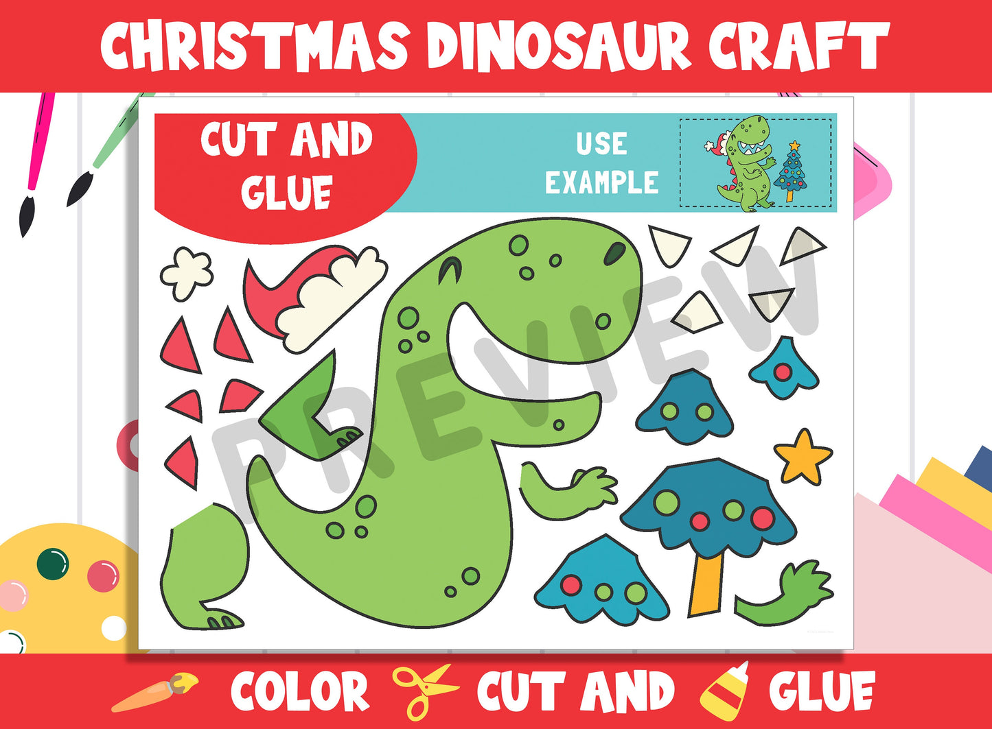 Christmas Dinosaur Craft Activity - Color, Cut, and Glue for PreK to 2nd Grade, PDF File, Instant Download