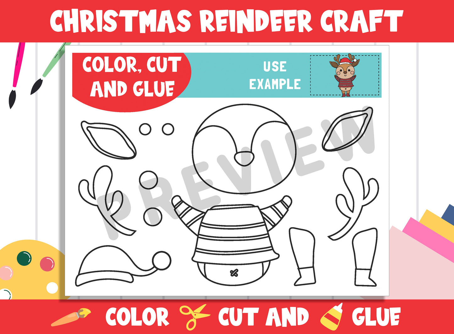 Christmas Reindeer Craft Activity - Color, Cut, and Glue for PreK to 2nd Grade, PDF File, Instant Download
