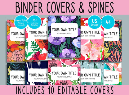 10 Editable Flower Pattern Binder Covers, Includes 1, 1.5, 2" Spines, Available in A4 & US Letter, Editing with PowerPoint or PDF Reader