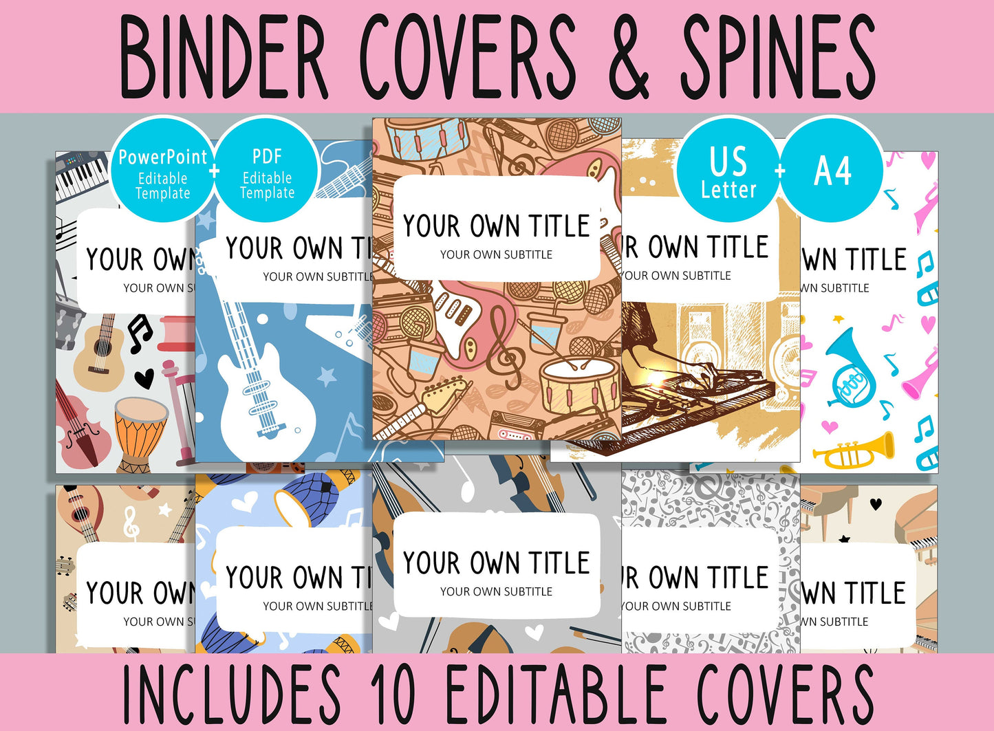 10 Editable Musical Instruments Binder Covers, Includes 1, 1.5, 2" Spines, Available in A4 &US Letter, Editing with PowerPoint or PDF Reader