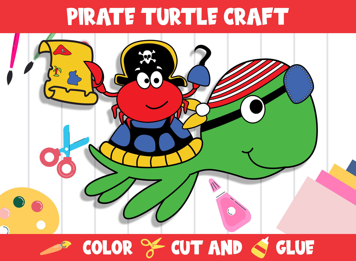 Pirate Turtle Craft Activity - Color, Cut, and Glue for PreK to 2nd Grade, PDF File, Instant Download