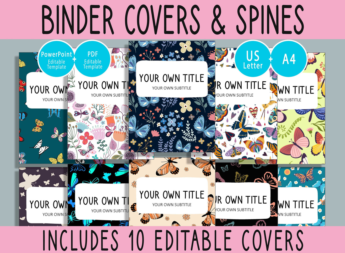 10 Editable Cute Butterfly Binder Covers, Includes 1", 1.5", 2" Spines, Available in A4 & US Letter, Editing with PowerPoint or PDF Reader