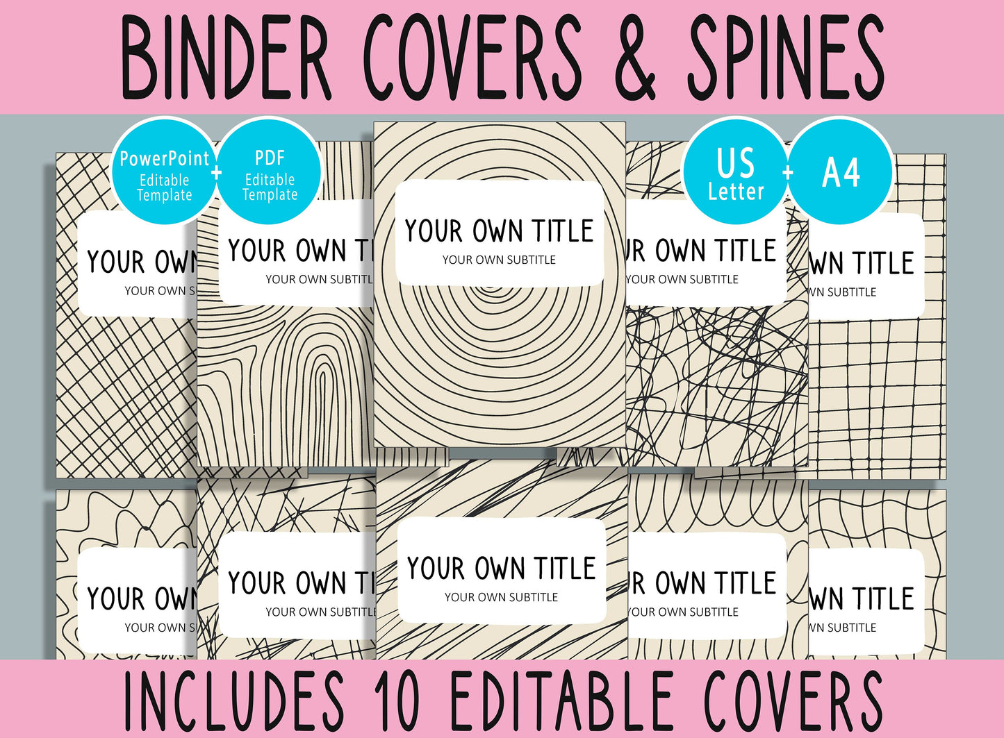 10 Editable Minimalist Charcoal Sketch Binder Covers, Includes 1,1.5,2"Spines, Available in A4/US Letter, Editing with PowerPoint/PDF Reader