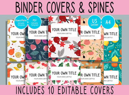 10 Editable Fruit Binder Covers, Includes 1", 1.5", 2" Spines, Available in A4 & US Letter, Editing with PowerPoint or PDF Reader