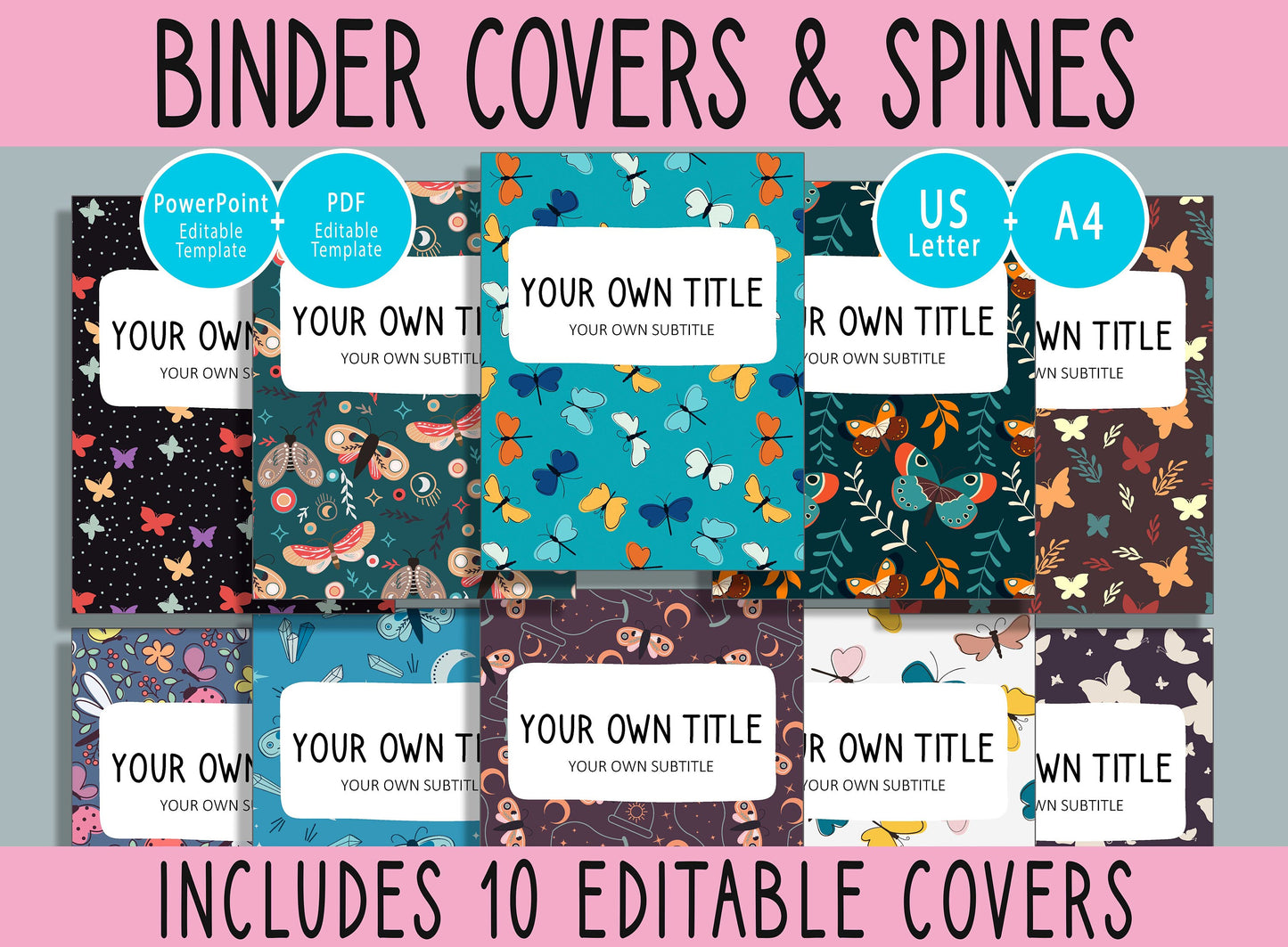 10 Editable Butterfly Binder Covers, Includes 1", 1.5", 2" Spines, Available in A4 & US Letter, Editing with PowerPoint or PDF Reader