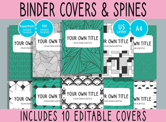 10 Editable Green and Black Binder Covers, Includes 1", 1.5", 2" Spines, Available in A4 & US Letter, Editing with PowerPoint or PDF Reader