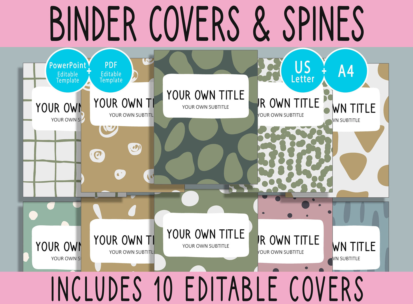 10 Editable Organic Theme Binder Covers, Includes 1", 1.5", 2" Spines, Available in A4 & US Letter, Editing with PowerPoint or PDF Reader
