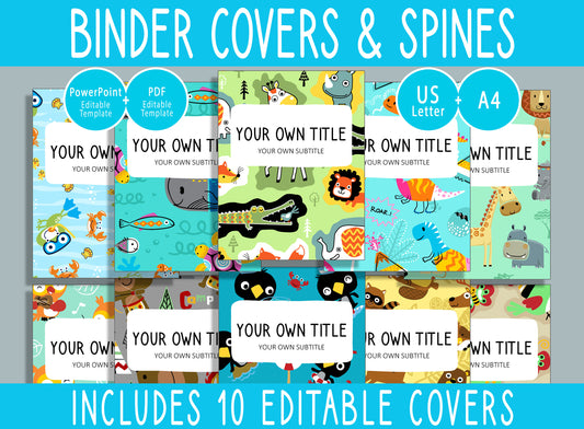 10 Editable Funny Animals Binder Covers, Includes 1, 1.5, 2" Spines, Available in A4 & US Letter, Editing with PowerPoint or PDF Reader