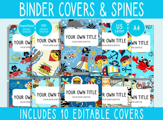 10 Editable Pirate Animals Binder Covers, Includes 1, 1.5, 2" Spines, Available in A4 & US Letter, Editing with PowerPoint or PDF Reader