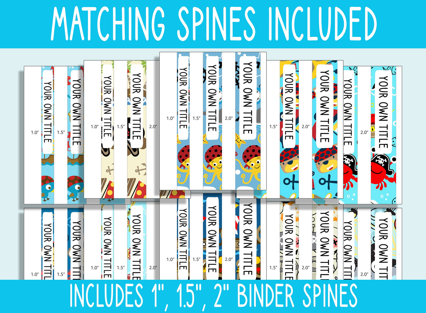 10 Editable Pirate Animals Binder Covers, Includes 1, 1.5, 2" Spines, Available in A4 & US Letter, Editing with PowerPoint or PDF Reader
