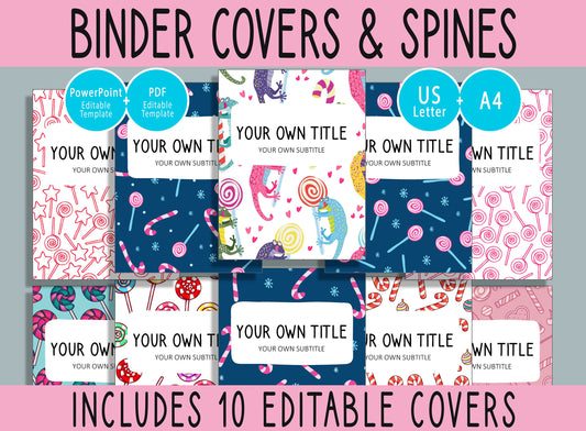 10 Editable Lollipops/Candy Canes Binder Covers, Includes 1,1.5,2" Spines, Available in A4/US Letter, Editing with PowerPoint or PDF Reader