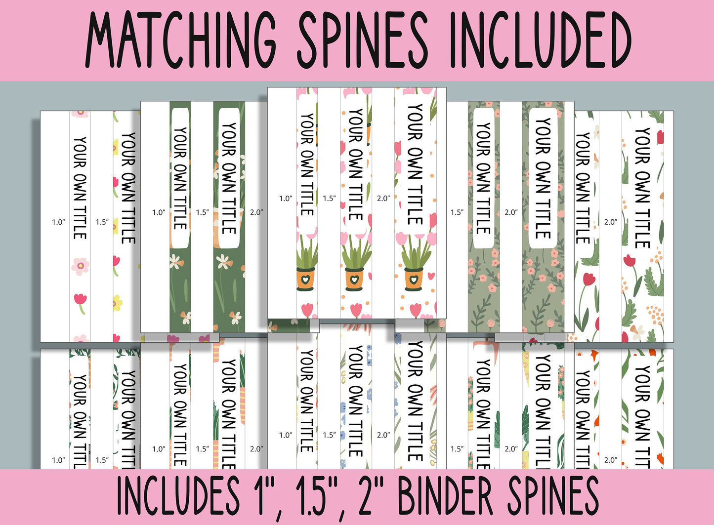 10 Editable Flower Binder Covers, Includes 1, 1.5, 2" Spines, Available in A4 & US Letter, Editing with PowerPoint or PDF Reader