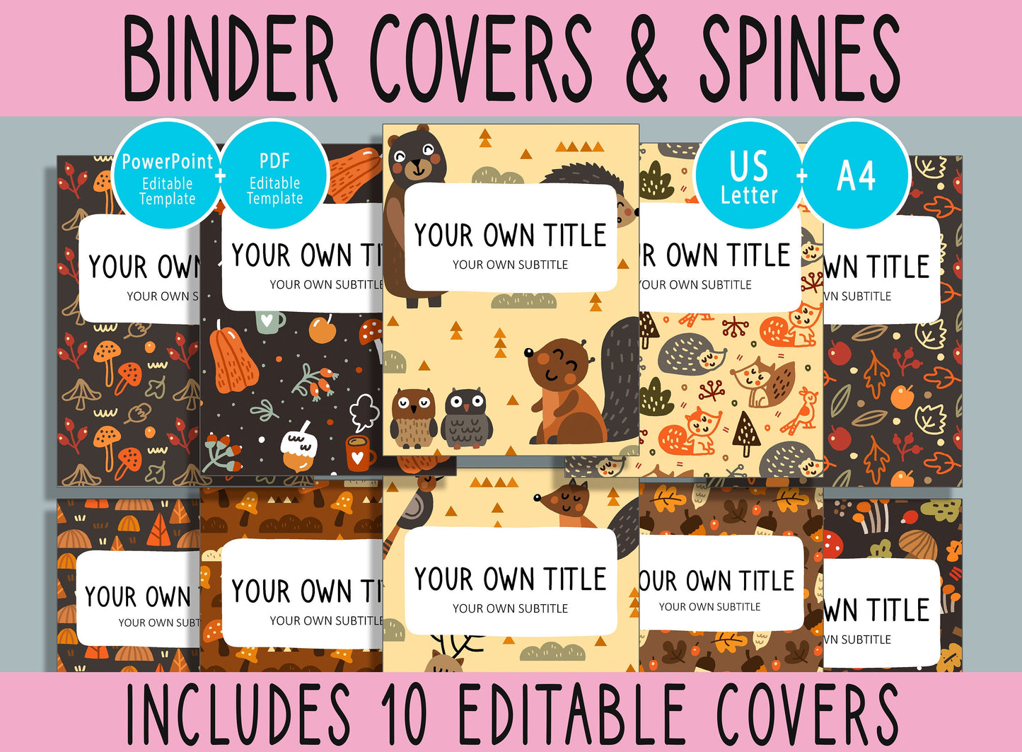 10 Editable Autumn Binder Covers, Includes 1, 1.5, 2" Spines, Available in A4 & US Letter, Editing with PowerPoint or PDF Reader
