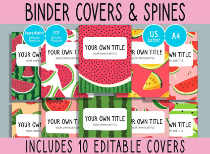 10 Editable Watermelon Binder Covers, Includes 1, 1.5, 2" Spines, Available in A4 & US Letter, Editing with PowerPoint or PDF Reader