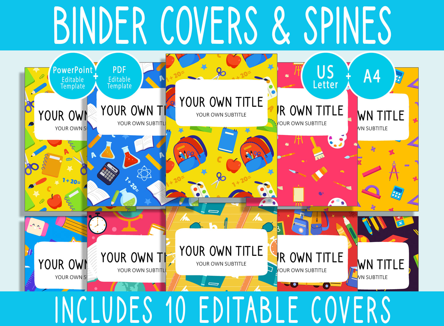10 Editable Back to School Binder Covers, Includes 1, 1.5, 2" Spines, Available in A4+US Letter, Editing with PowerPoint or PDF Reader