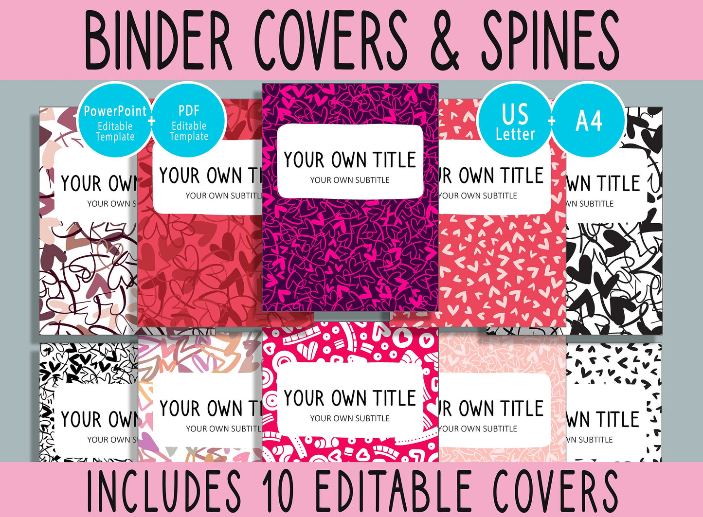 10 Editable Heart Binder Covers, Includes 1, 1.5, 2" Spines, Available in A4 & US Letter, Editing with PowerPoint or PDF Reader