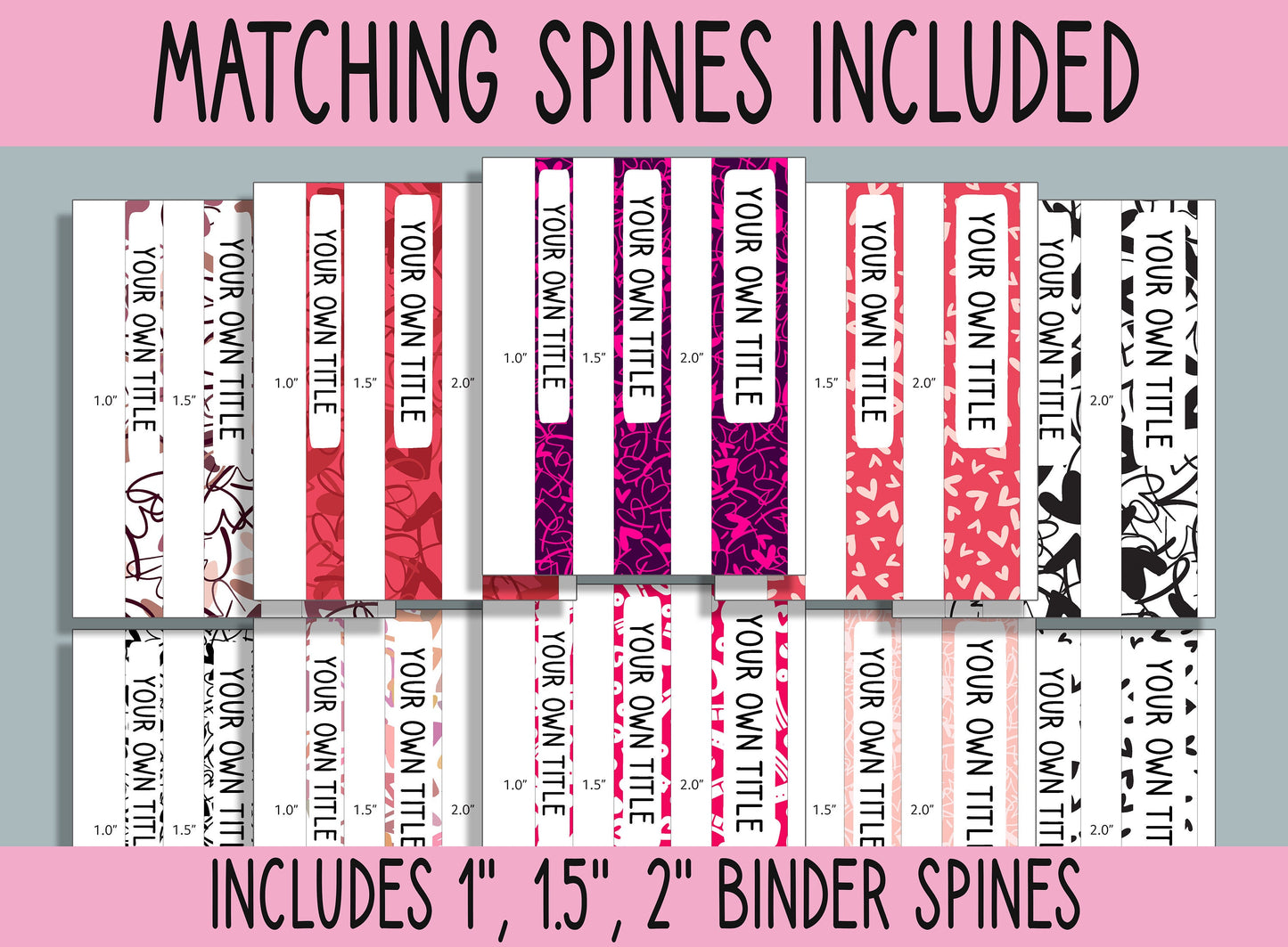 10 Editable Heart Binder Covers, Includes 1, 1.5, 2" Spines, Available in A4 & US Letter, Editing with PowerPoint or PDF Reader