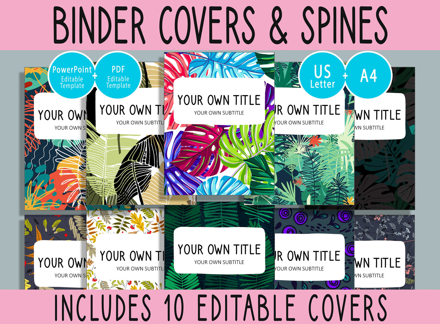 10 Editable Floral Pattern Binder Covers, Includes 1, 1.5, 2" Spines, Available in A4 & US Letter, Editing with PowerPoint or PDF Reader