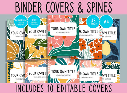 10 Editable Abstract Floral Binder Covers, Includes 1, 1.5, 2" Spines, Available in A4 &US Letter, Editing with PowerPoint or PDF Reader