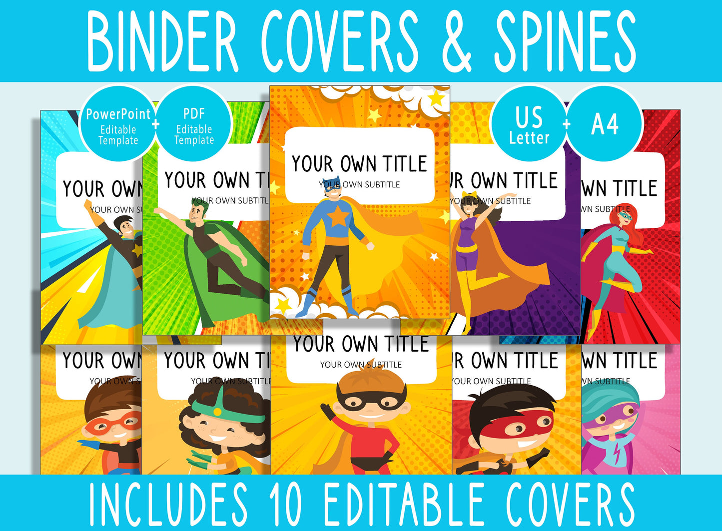 10 Editable Superhero Binder Covers, Includes 1", 1.5", 2" Spines, Available in A4 & US Letter, Editing with PowerPoint or PDF Reader