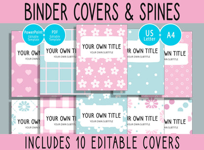 10 Editable Pink and Blue Binder Covers, Includes 1", 1.5", 2" Spines, Available in A4 & US Letter, Editing with PowerPoint or PDF Reader