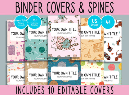 10 Editable Knitting Binder Covers, Includes 1", 1.5", 2" Spines, Available in A4 & US Letter, Editing with PowerPoint or PDF Reader