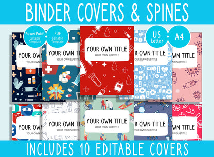 10 Editable Nursing Binder Covers, Includes 1", 1.5", 2" Spines, Available in A4 & US Letter, Editing with PowerPoint or PDF Reader