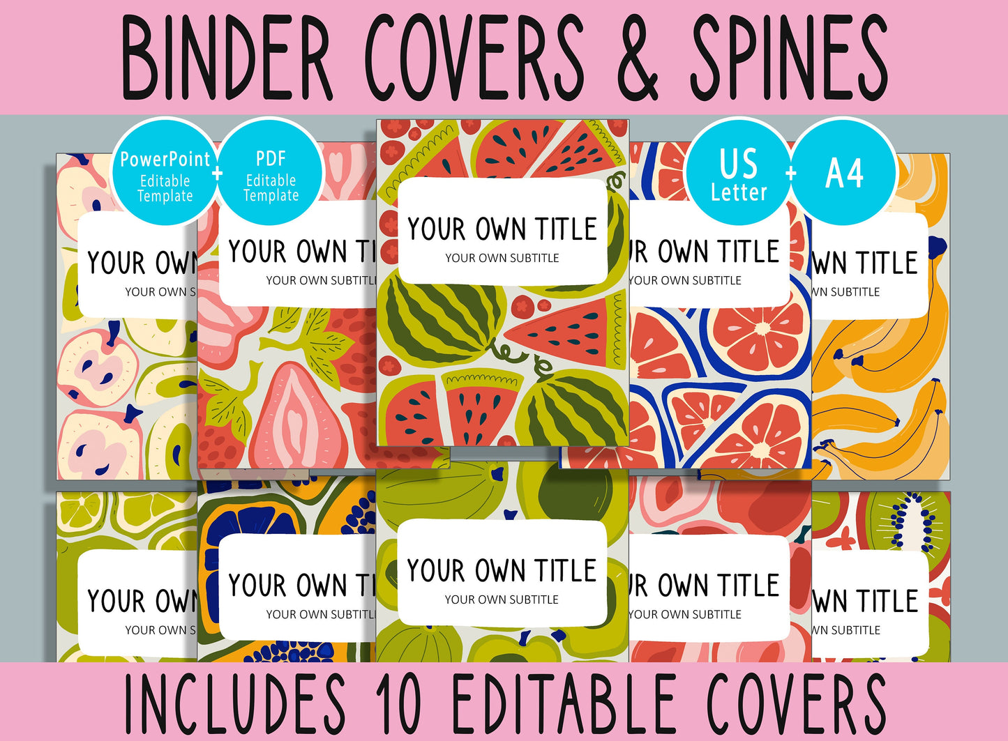 10 Editable Abstract Fruits Binder Covers, Includes 1, 1.5, 2" Spines, Available in A4 & US Letter, Editing with PowerPoint or PDF Reader
