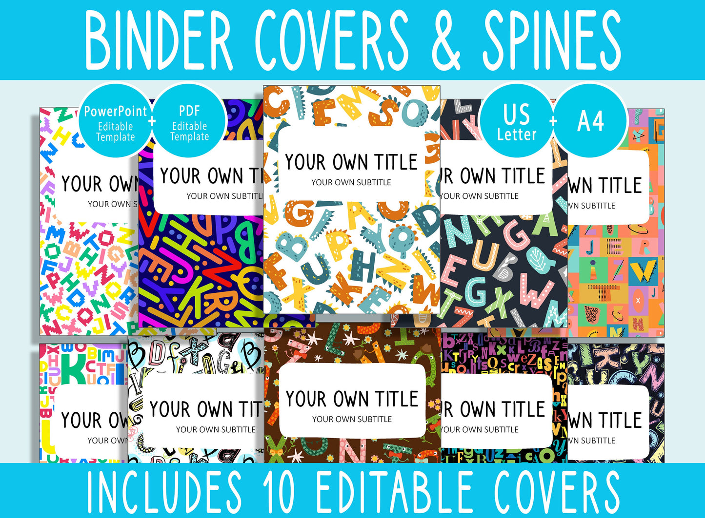10 Editable Alphabet Binder Covers, Includes 1", 1.5", 2" Spines, Available in A4 & US Letter, Editing with PowerPoint or PDF Reader