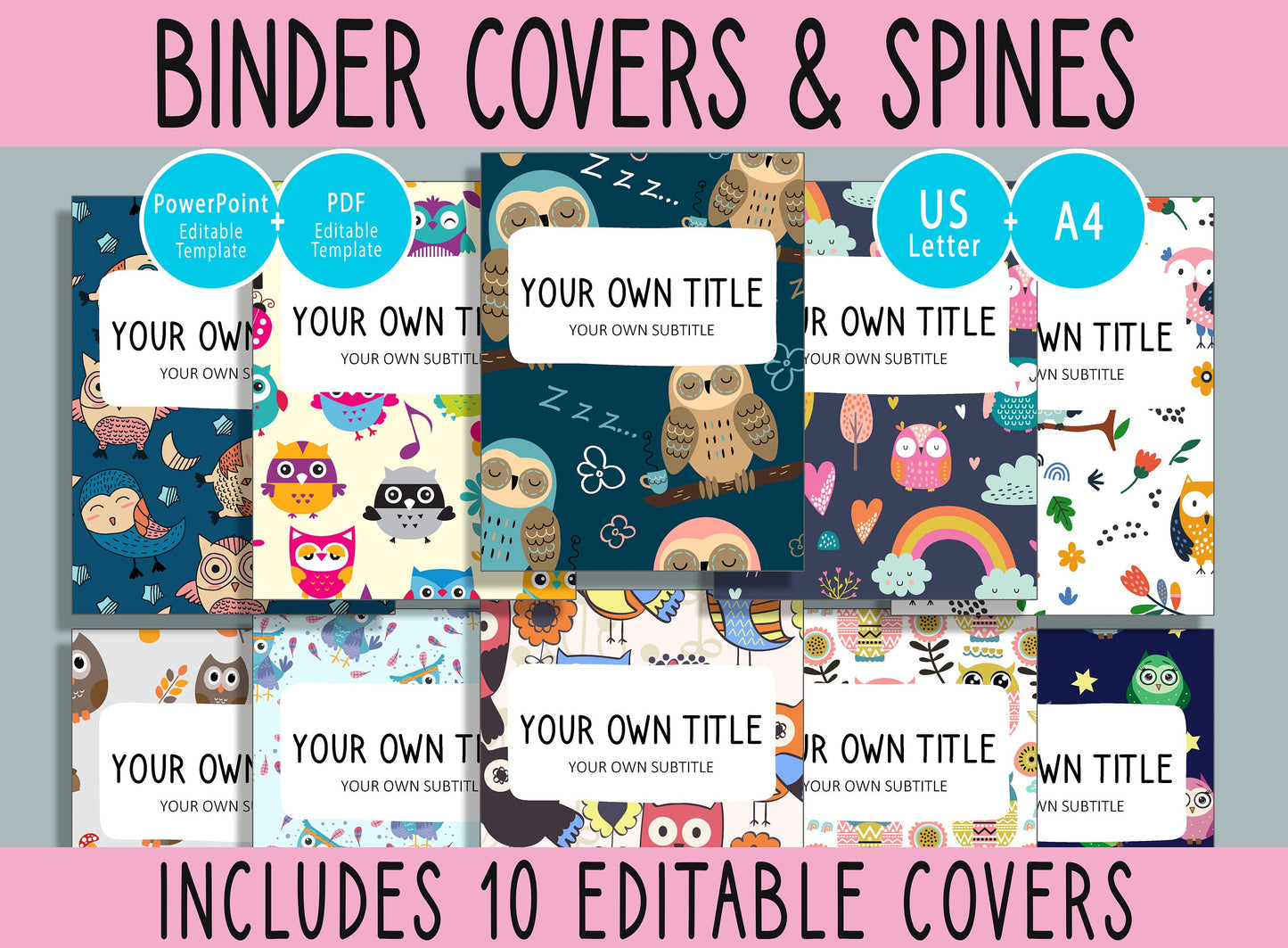 10 Editable Cute Owl Binder Covers, Includes 1, 1.5, 2" Spines, Available in A4 & US Letter, Editing with PowerPoint or PDF Reader