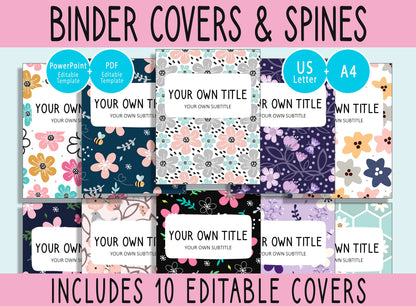 10 Editable Cute Flower Binder Covers, Includes 1", 1.5", 2" Spines, Available in A4 & US Letter, Editing with PowerPoint or PDF Reader