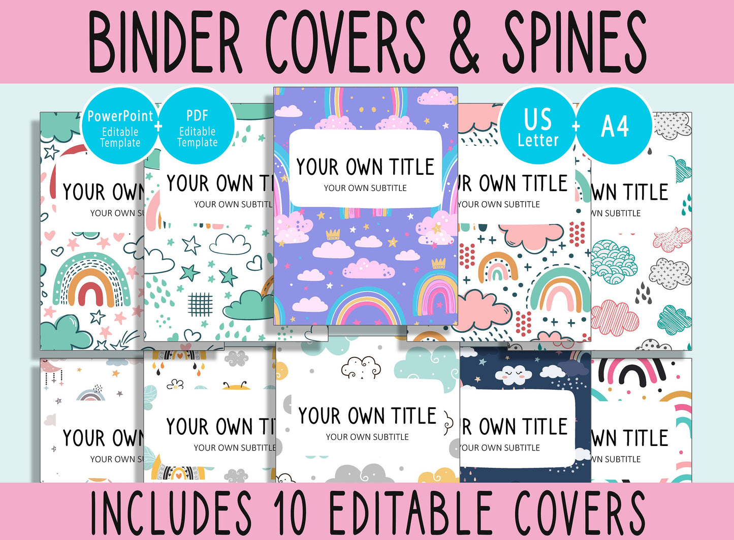 10 Editable Cloud Sky Rainbow Binder Covers, Includes 1", 1.5", 2"Spines, Available in A4 & US Letter, Editing with PowerPoint or PDF Reader