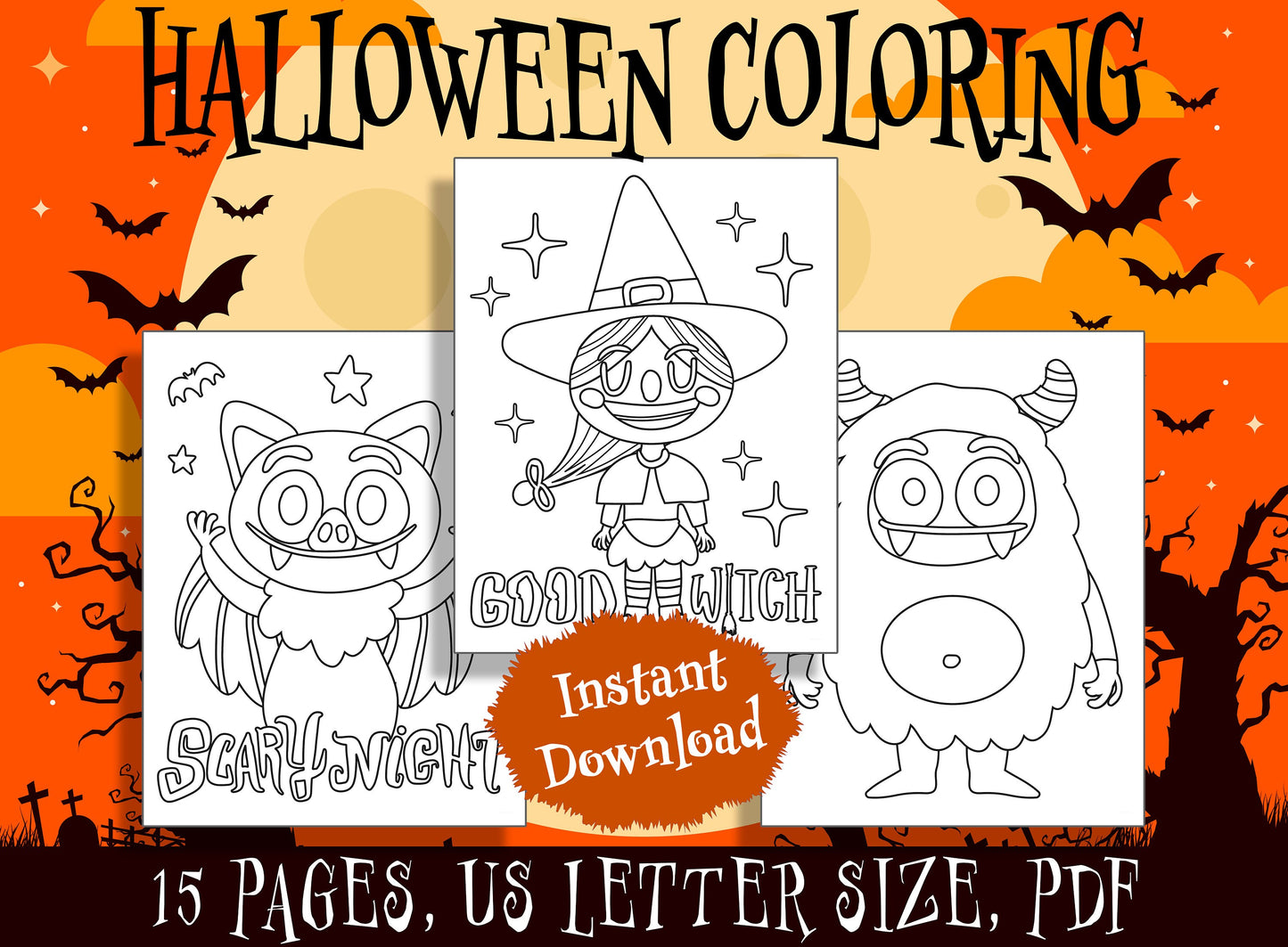 15 Cute Halloween Coloring Pages, Perfect for Preschool and Kindergarten, PDF File, Instant Download